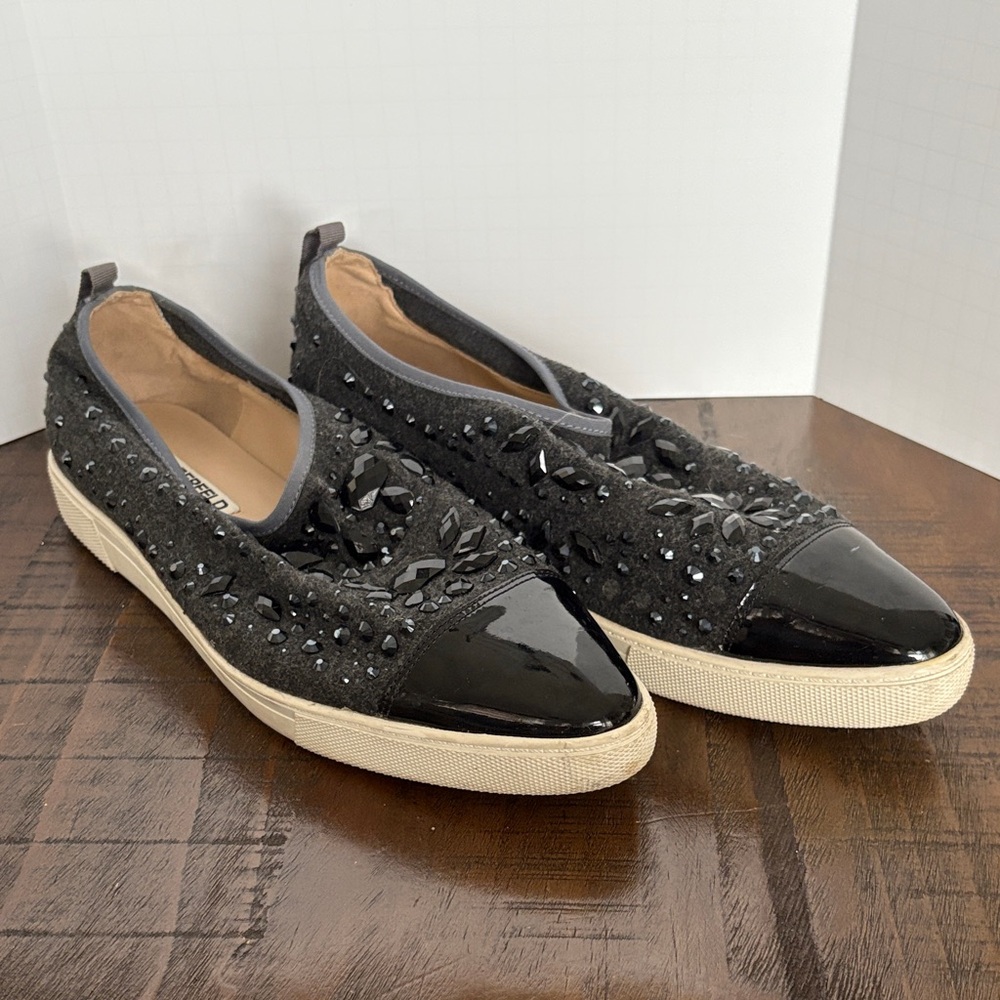 Karl Lagerfeld Gray and Black Embellished Slip-Ons